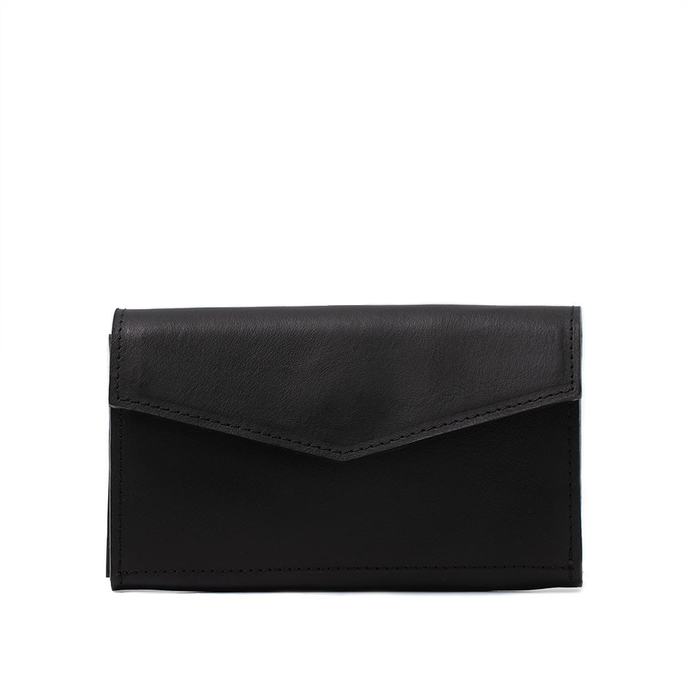 Black leather AirTag long flap wallet with elegant stitching and smooth finish