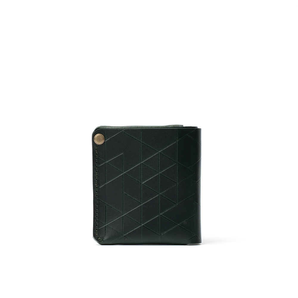 Black leather AirTag wallet with geometric pattern and hidden AirTag slot for secure tracking of cards and cash