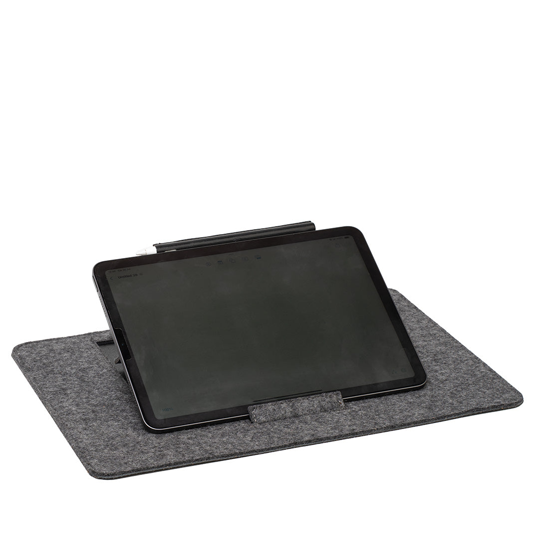 Minimalist grey wool felt desktop iPad stand with adjustable elevation and soft protective surface