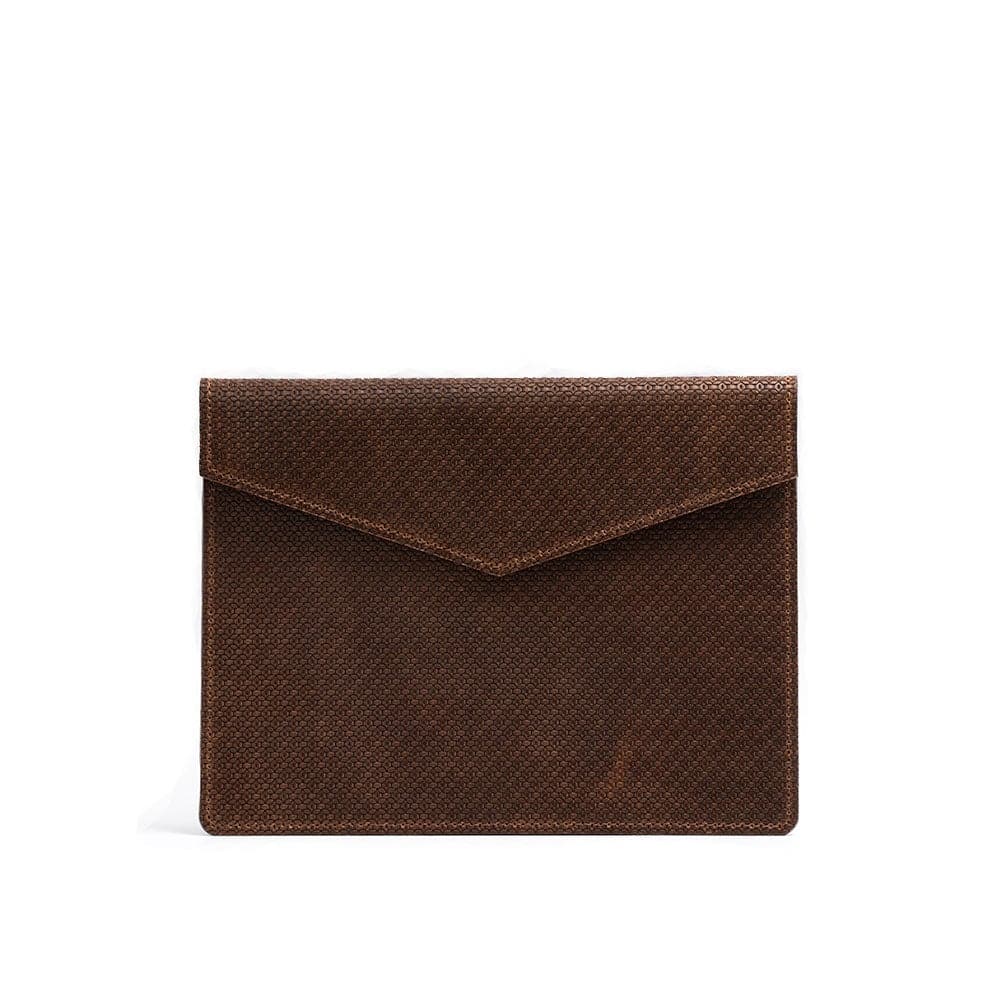 Brown geometric embossed leather sleeve for MacBook with envelope-style flap