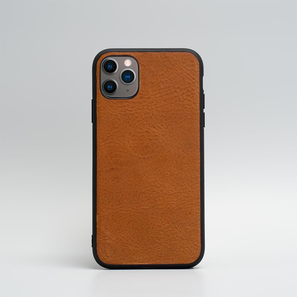 Tan full-grain leather case for iPhone 11 series with TPU bumper and covered buttons