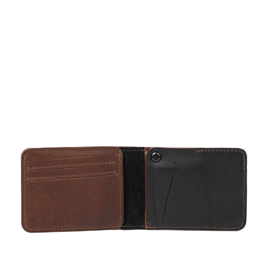 Brown leather Dollar Bill AirTag Wallet with card slots and hidden AirTag compartment, handcrafted with Italian vegetable-tanned leather.