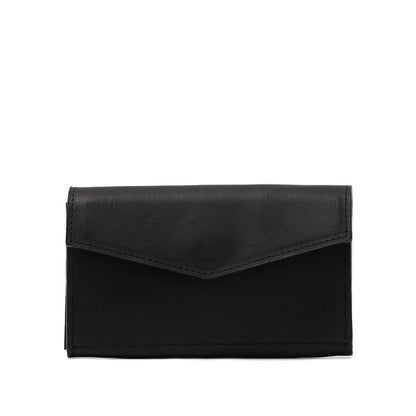 Black leather AirTag long flap wallet with elegant stitching and smooth finish