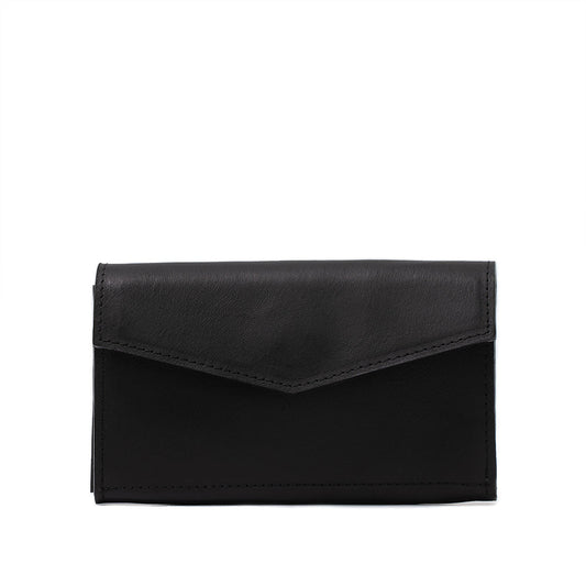 Black leather AirTag long flap wallet with elegant stitching and smooth finish