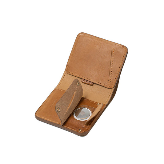 Handcrafted tan leather AirTag billfold wallet with concealed AirTag slot and multiple card and bill compartments
