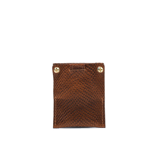 Brown snake print leather AirTag card holder with gold rivets and textured pattern