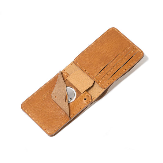 Brown leather Dollar Bill AirTag Wallet with card slots and AirTag holder, open view.