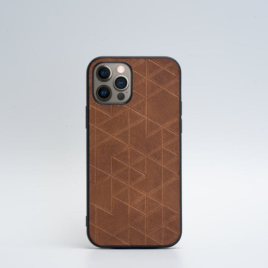Brown leather case for iPhone 12 with geometric pattern and TPU bumper protection