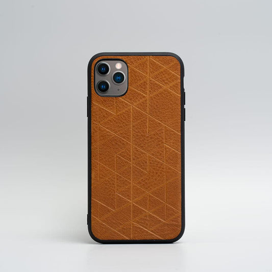 Brown leather iPhone 11 Pro case with geometric carved design and black TPU bumper
