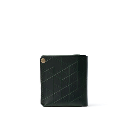 Black leather AirTag wallet with geometric pattern and hidden AirTag slot for secure tracking of cards and cash