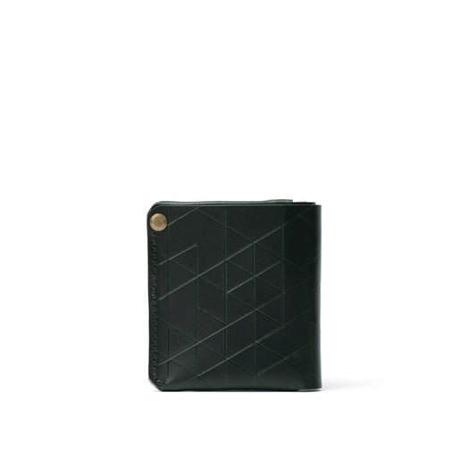 Black leather AirTag wallet with geometric pattern and hidden AirTag slot for secure tracking of cards and cash