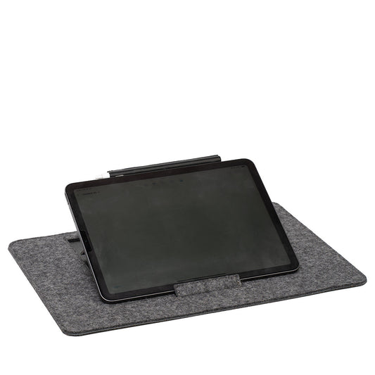 Minimalist grey wool felt desktop iPad stand with adjustable elevation and soft protective surface