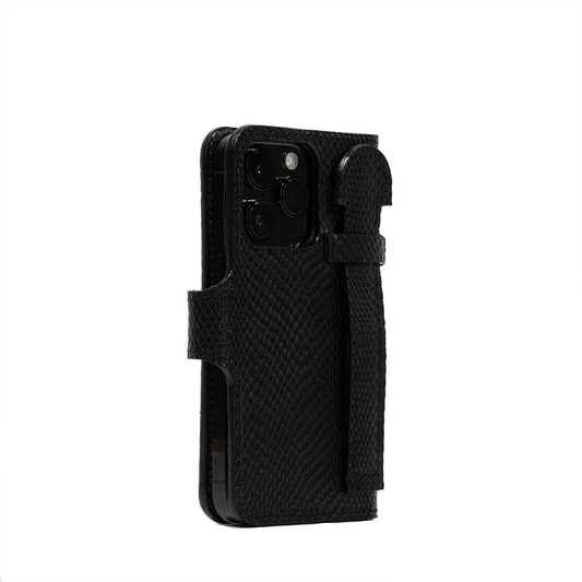 Black leather MagSafe folio wallet case with grip for iPhone 15 series, handcrafted in Tuscany with suede lining and multiple card pockets.