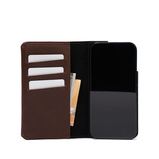 iPhone 16 series leather folio case wallet with MagSafe, brown full-grain leather, three card slots, bill pocket, and suede lining