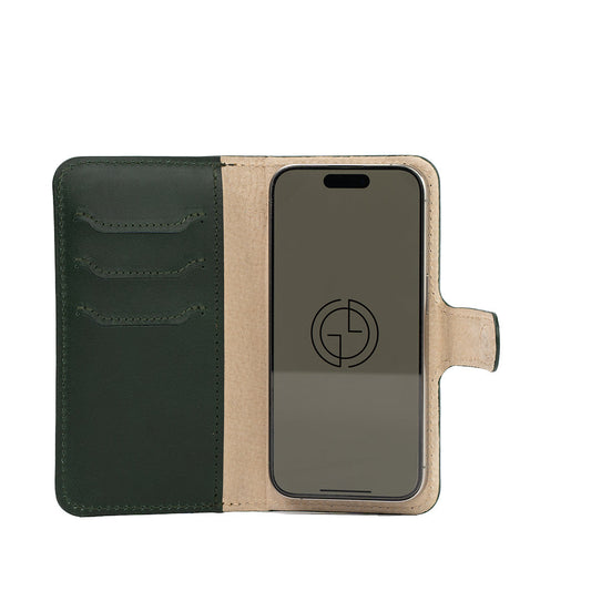 iPhone 16 Series leather folio case wallet with MagSafe, card slots, magnetic strap, and suede lining in classic black and beige