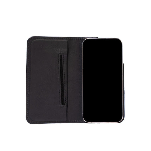 iPhone 16 series leather folio case wallet in black with single card slot and MagSafe compatibility