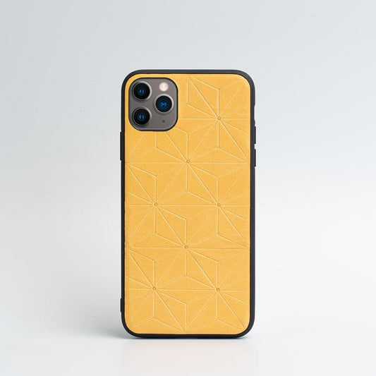 Leather Case for iPhone 11 Pro Max in tan vegetable-tanned leather with geometric flower pattern and black TPU bumper