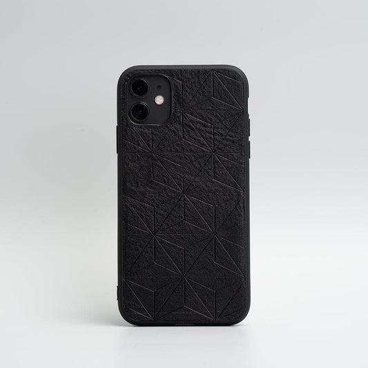 Black leather case for iPhone 11 with geometric flower pattern and TPU bumper protection