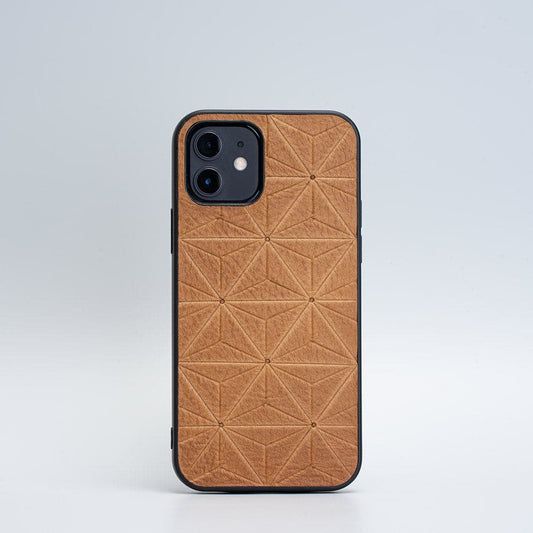 Premium Italian full-grain leather iPhone 12 case with geometric flower design and TPU bumper protection