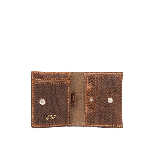 Minimalist snake print leather AirTag card wallet with hidden AirTag compartment and multiple card slots