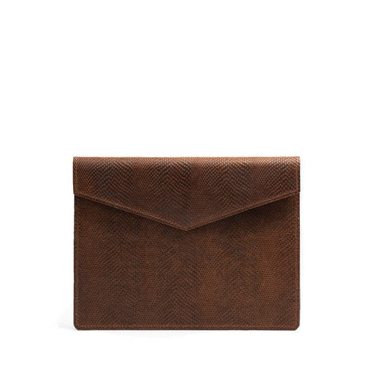 Brown snake print leather iPad sleeve with envelope flap, crafted in Europe.