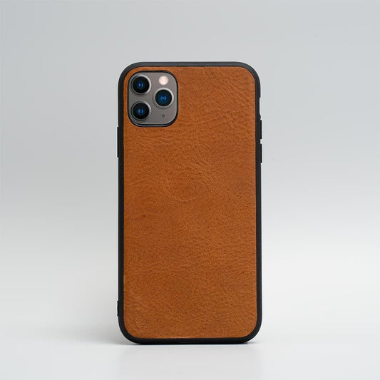 Tan full-grain leather case for iPhone 11 series with TPU bumper and covered buttons